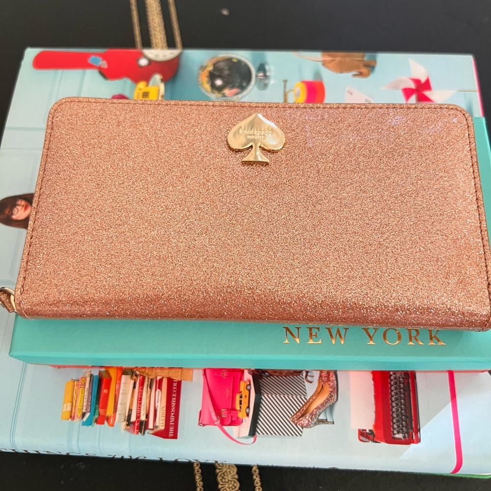 Kate spade Lacey rose gold glitter never used wallet with original box!